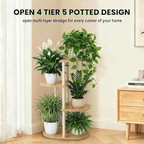 Tiered Plant Stand Indoor, Tall 4 Tier 5 Potted Wooden Plant Shelf for Multiple Flower Plants, Multi Corner Metal Plant Holder Indoor for Patio Garden Patent Design Living Room Balcony Bedroom, White - Image 6