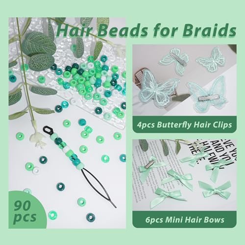 100PCS Hair Beads Green Mini Bow Clips Lace Embroidery Butterfly Hair Clips Acrylic Gradient Pony Beads Cute Loc Hair Accessories for Girls Kids - Image 7