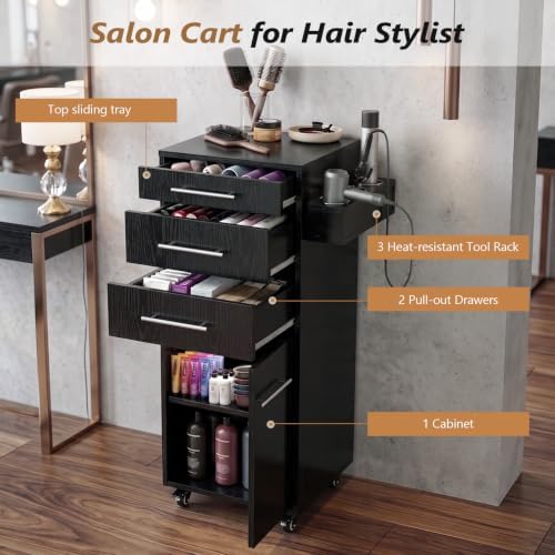 OmySalon Salon Cart with Wheels, Hair Styling Station Trolley with 3 Drawers, Adjustable Shelf & Hair Dryer Holder, Mobile Beauty Cabinet for Barber, Spa, Nail Salon, Black Oak - Image 3
