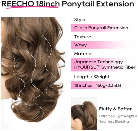 REECHO Ponytail Extension, 18" Clip in Ponytail Hair Extensions for Women, Short Wavy Synthetic Pony Tail Hairpiece for Daily Wear-Light Brown - Image 2