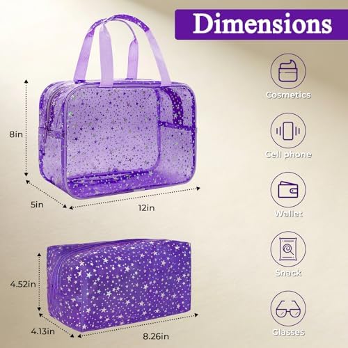 2PCS Clear Star Print Waterproof Makeup Bag, Lagre PVC Cosmetic Pouch with Zipper, Travel Toiletry Organizer for Women, Small Personal Item for Travel, Business Trip, Gym & Daily Use (Purple) - Image 2