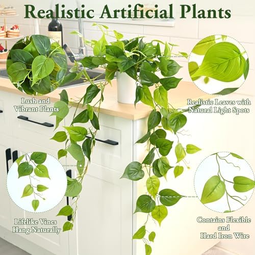 Fake Plants, Artificial Plants Indoor, 34" Fake Hanging Pothos Vines, 2PCS - Image 4
