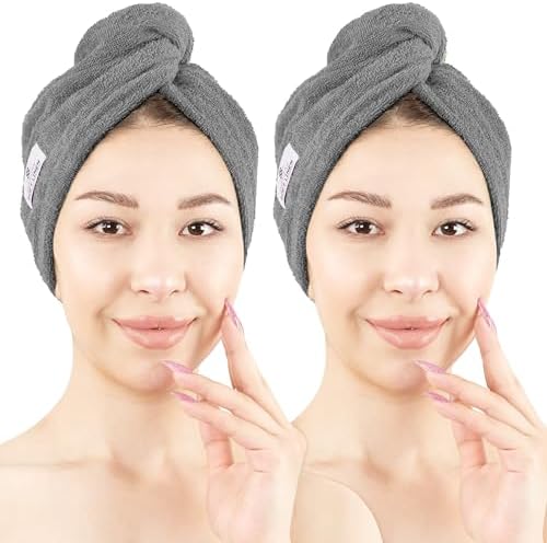 American Soft Linen 100% Cotton Hair Towels for Women, Head Towel Cap, Cotton Hair Turban Towel Wrap for Long Curly Anti Frizz Hair, Soft and Absorbent Cotton Hair Towels 2 Pack, Dark Gray by AmericanSoftLinen
