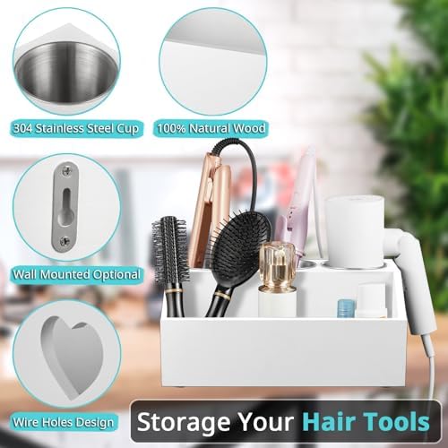 Bivvclaz Hair Tool Organizer, Wooden Hair Dryer Holder Wall Mount, Countertop Hot Tools Organizer for Hair Styling Accessories, Bathroom Supplies Vanity Caddy for Curling Wand, Blow Dryer, White - Image 3