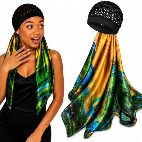 2 in 1 Wrap Cap Hair Net and Scarf for Silk Press, Satin Wrap Cap Bonnet for Women, Adjustable Stay-On Sleep Hair Net Scarf for All Hair Types by BQSAR