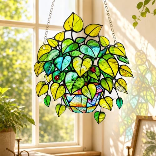 Plant Suncatcher Glass, Stained Glass Suncatcher Plant Window Hanging, Unique Nature Lover Gifts Leaf - Image 2