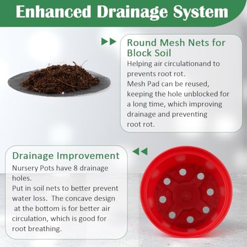 RooTrimmer 20 Pack 6 Inch Plant Pots, Thickened Plastic Flower Pots with 20 Pcs Water Collecting Trays, 20 Soil Block Mesh Pads, Red - Image 3