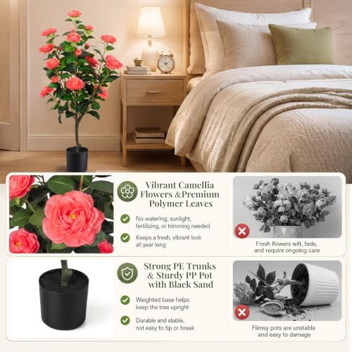 2 Pack 34'' Artificial Camellia Tree with 20 Pink Flowers - Image 6