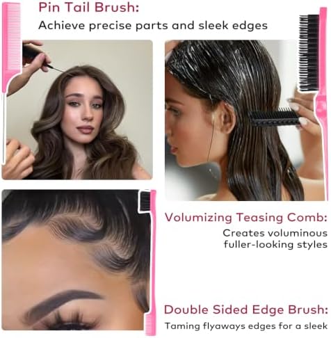 Hair Wax Stick with Slick Back Hair Brush Set for Flyaways, Teasing Boar Bristle Brush, Edge Hair Brushes, Volume Comb, Rat Tail Comb for Girls, Kids, Women & Men,Pink - Image 5