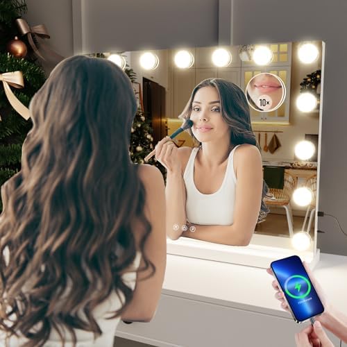 Gvnkvn Vanity Mirror with Lights Lighted Makeup Mirror with 15 Dimmable LED Bulbs,3 Color Lighting Modes,USB Charging Port Touch Control,Sturdy Metal Frame Design 24x18 Inch,White - Image 2