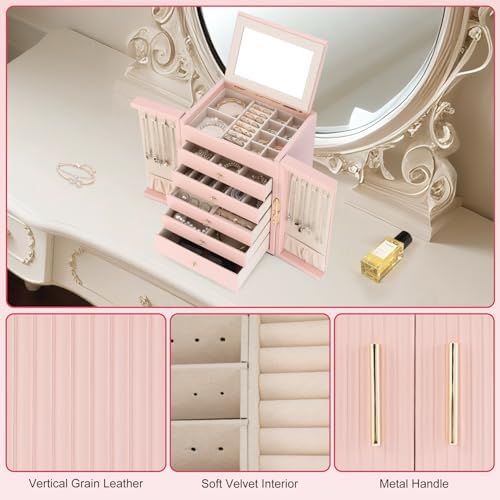 Dajasan Large Jewelry Organizer Box, 6-Tier Jewelry Storage Case with 5 Drawers, Jewelry Boxes for Women Girls with Mirror, Double Door, Textured PU Leather, Gift Idea, Stylish (Pink + Gold) - Image 5