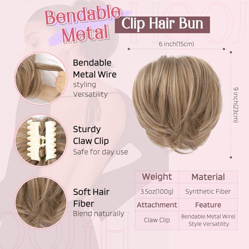 HOOJIH Ponytail Extension, Claw Clip in Straight Hair Bun Messy Bun 9 Inch Short Ponytail with Bendable Metal Wire Hair Pieces for Women Fake Hair Bun DIY Styles - Deep Blonde and Light Blonde mixed - Image 2