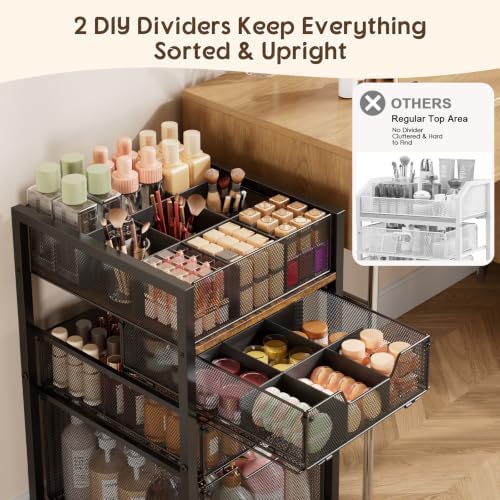 4-Tier Rolling Makeup Cart Organizer with 3 Drawers, Cosmetics Display with 2 Dividers, Floor Skincare Storage with Wheels, Versatile Vanity Organizer for Nail Polish Perfume Brush Hair Tool, Black - Image 5