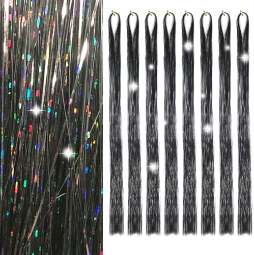Hair Tinsel 8 Packs 1600 Strands 50 Inch Tinsel Hair Extensions Black Heat Resistant Glitter Sparkling Shinny Fairy Hair Accessories for Women(Black, 50Inch) by Sala