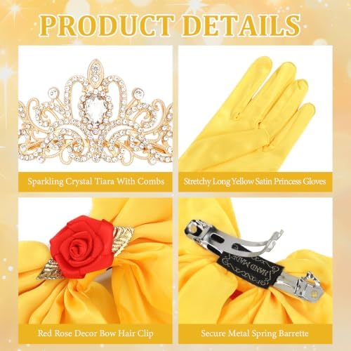 Princess Costume Accessories Crown Rose Hair Bow Yellow Gloves Kit - Image 3