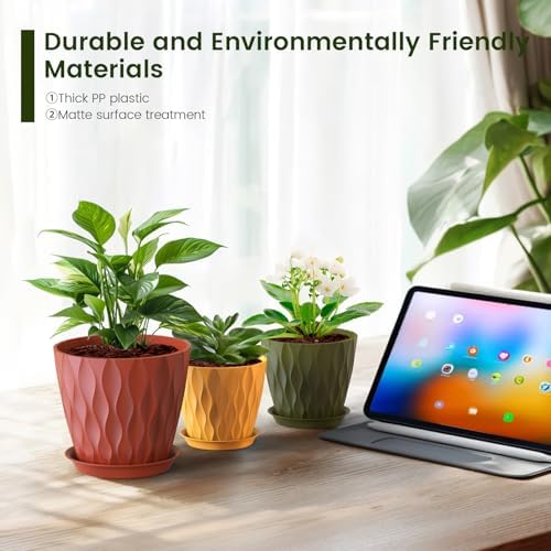 Meowell 7/6.5/6/5.5/5/4.5/4 inch Plant Pots for Indoor Outdoor Plants, 7 Pack Thick Flower Pots with Drainage Holes and Saucers, Modern Wave Texture Small Plastic Planters Nursery Pots, Multicolor - Image 5