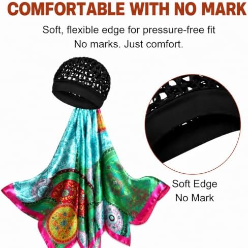 2 in 1 Wrap Cap Hair Net and Scarf for Silk Press, Satin Wrap Cap Bonnet for Women, Adjustable Stay-On Sleep Hair Net Scarf for All Hair Types (Cyan blue, One Size) - Image 4