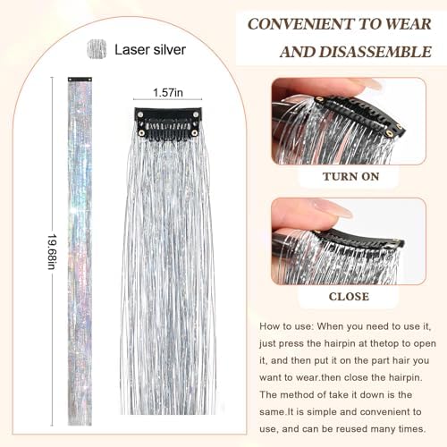 Leuceiy Hair Tinsel Clip in,Hair Accessories Tinsel Hair Extensions for Girls Pack of 6 Pcs 20 Inch,Fairy Hair Tinsel Kit,Heat Resistant New Years Festival Party - Image 2