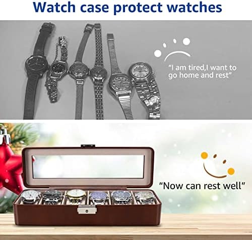 Watch Box for Men, 6 Slot PU Leather Watch Organizer with Glass Lid and Lock, Display Storage Case for Watches, Bracelets & Jewelry, Brown Gift Case Brown - Image 7