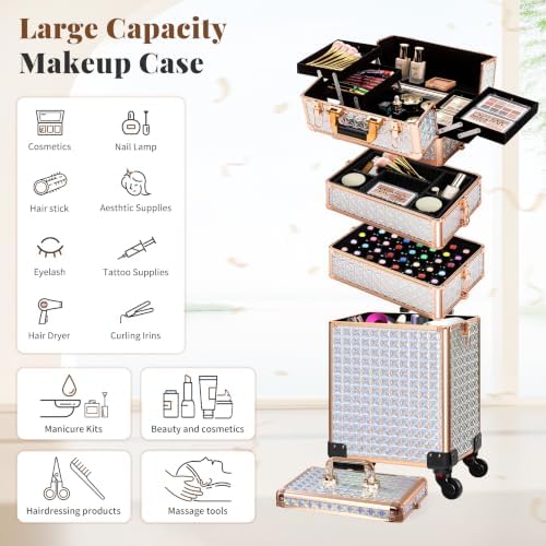 AROUS 5 in 1 Rolling Makeup Train Case with Lid Cosmetology Case on Wheels - Image 4