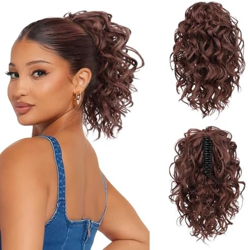 Flufymooz Ponytail Extension, 12" Short Claw Ponytail Extension Wavy Curly Jaw Clip in Pony tails Hair Extension Natural Synthetic Hairpiece for Women(Deep copper) by Flufymooz
