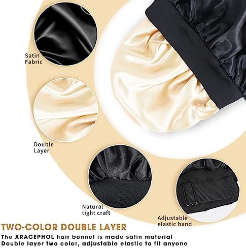 Silk Bonnet for Sleeping Double Layer Satin Bonnet Adjustable Bonnets for Black Women Sleep Cap Reversible Hair Bonnet for Curly Hair Hats(Black) - Image 3