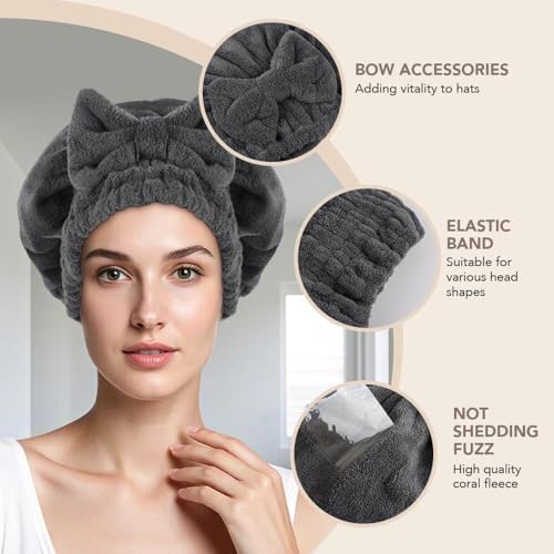 SUNLAND Large Microfiber Hair Drying Caps with Bow Knot 2 Pack Grey - Image 3