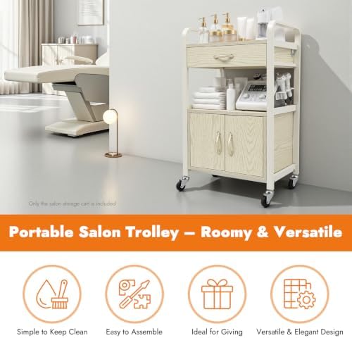 Beauty Salon Storage Trolley Cart, 2 Tiers Shelving Rolling Salon Storage Cabinet with Wheels & Drawer, Salon Storage Cart Beauty Organizer for Beauty Salons Barber Shops Home Offices Spas Etc - Image 2