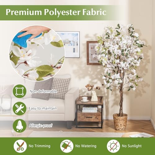 Goplus 6 FT Bougainvillea Artificial Tree, Faux Flower Tree in Pot with 910 Flowers, 105 Leaves, Real Wood Trunk, Tall Fake Floor Plant, Artificial Plants for Indoor Bedroom Living Room Decor, White - Image 3
