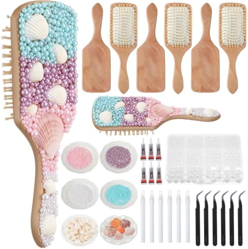 6 Sets DIY Wooden Hairbrush Craft Kit 10" Pearl Shell, Mermaid by Acellegic