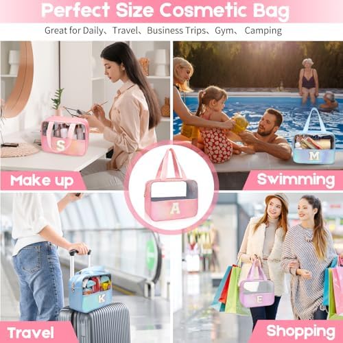 Personalized Initial Clear Makeup Bag Pink Cosmetic Bag Set Large Travel Toiletry Bag, Cute Clear Make Up Bags Organizer Bag for Girlfriend Teacher Gifts Teen Girl Gifts Trendy Stuff L (Pink) - Image 6