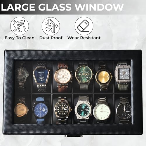Watch Box for Men 12 Slot with Valet Drawer | 2-Tier Carbon Fiber Watch Case with Glass Lid | Luxury Watch and Jewelry Organizer | Watch Display Case - Ideal Gift for Men Women - Image 5