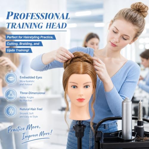 Mannequin Head Human Hair-Cosmetology Manikin Doll Head with 80% Real Hair for Hairdresser Practice Styling Braiding with Tripod Stand & Table Clamp (Amber Brown) - Image 2
