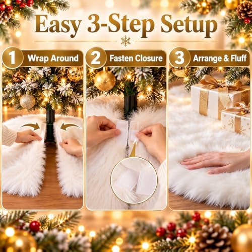 48 Inch White Christmas Tree Skirt, Soft Faux Wool Tree Base Cover - Image 3