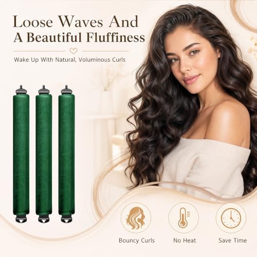 Heatless Hair Curler Rods for Overnight Satin Flexi Curls, Jumbo No-Heat Sleeping Styling Tools for All Hair Types - 3pcs Green - Image 2