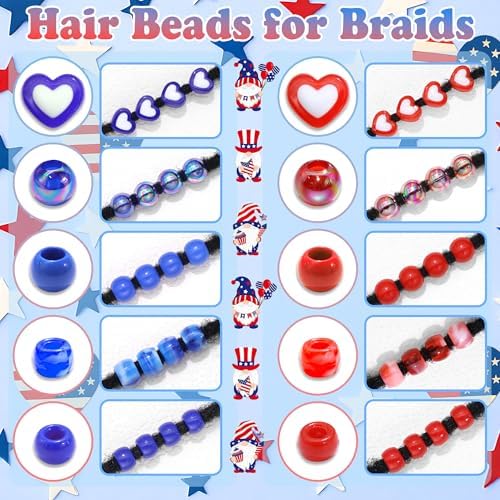 NAISKA 132PCS 4th of July Hair Beads Royal Blue Red Beads for Hair Patriotic Bead Sets 10 Styles Loc Pony Bead Independence Day Hair Accessories for Kids Girls - Image 6