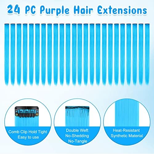 Kyerivs 24PCS Blue Hair Extensions for Girls 20Inch Rainbow Clip in Straight Synthetic Hairpieces for Girls Party Highlights Colorful Hair Accessories Halloween Gifts for Women Easter Basket Stuffers - Image 2