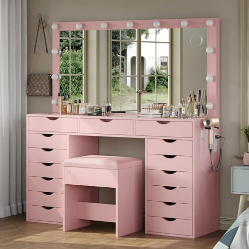 Yanosaku 15 Drawers Vanity Desk with Power Outlet, Makeup Table with Mirror and 13 LED Lights, 3 Color Lighting Modes, Brightness Adjustable, Glass Top Dressing Table, Vanity Set for Bedroom, Pink - Image 2
