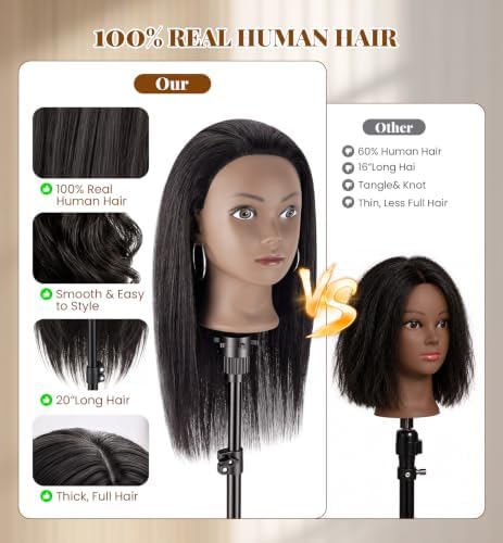 20" Mannequin Head Human Hair, 100% Real Hair Mannequin Head with Clamp - Image 3