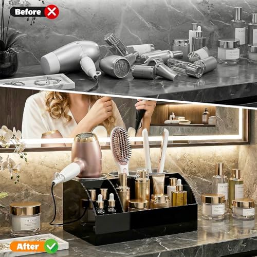 Hair Tool Organizer Countertop, Bathroom Vanity Organizers and Storage, Acrylic Hot Tools Organizer Storage for Hair Dryer, Curling Iron, Brush, Hair Straightener (Black) - Image 6