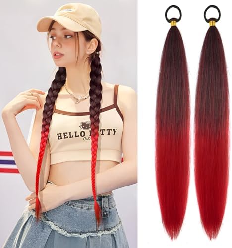 LyoRuSi 2 Pack Braid Ponytail Extension 26'' Black Red Ponytail Extension by LyoRuSi
