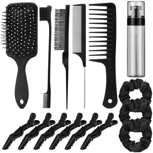 15 Pcs Slick Back Hair Brush Set, Bristle Comb with Spray Bottle,Hair Clip,Edge Brush for Women, Men (Black) by ProSuites