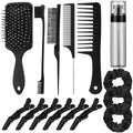 15 Pcs Slick Back Hair Brush Set, Bristle Comb with Spray Bottle,Hair Clip,Edge Brush for Women, Men (Black) by ProSuites