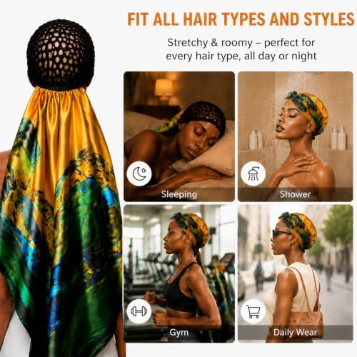 2 in 1 Wrap Cap Hair Net and Scarf for Silk Press, Satin Wrap Cap Bonnet for Women, Adjustable Stay-On Sleep Hair Net Scarf for All Hair Types - Image 5
