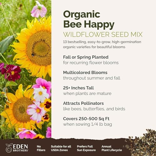 Eden Brothers Bee Happy Organic Wildflower Mixed Seeds for Planting, 1/4 lb, 120,000+ Seeds with Cosmos, Crimson Clover | Attracts Pollinators, Plant in Spring or Fall, Zones 3, 4, 5, 6, 7, 8, 9, 10 - Image 2