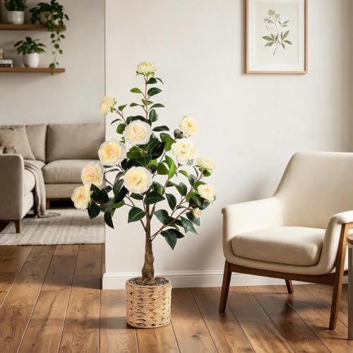 3FT Artificial Camellia Tree, Faux Camellia Plant Outdoor Camellia Flowers Tree Greenery Potted Plant for Living Room Door Patio Deck Yard Décor Outdoor Indoor - Image 6
