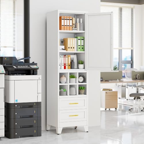 67" Tall Metal Pantry Cabinet, Narrow Freestanding Storage Cabinet, White - Image 2