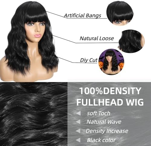 Sebast Pastel Bob Wigs with Bangs for Women Loose Wavy Wig Pastel Wavy Shoulder Length Bob Synthetic Cosplay Wig for Girl Colorful Costume Wigs (Black) - Image 3