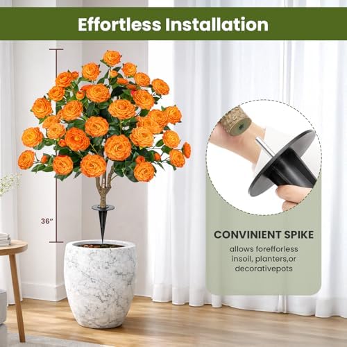 2 Pack 3FT Artificial Camellia Tree with Ground Spike, Full Bloom Fake Camellia Plant Outdoor, Dense Flower Artificial Trees for Front Porch Decor, Patio Garden Yard Decorations, Orange - Image 3