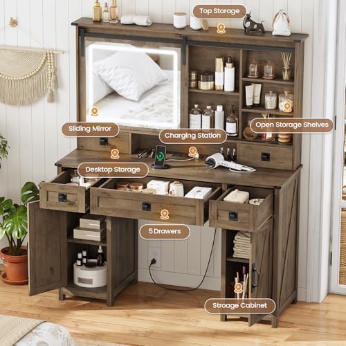 AOGLLATI Farmhouse Makeup Vanity Desk with Lights & Charging Station,Vanity Desk with Mirror and Lights, 47.2” Large Brown Vanity Table with Ample Storage Space and Sliding Mirror (Oak Brown) - Image 6